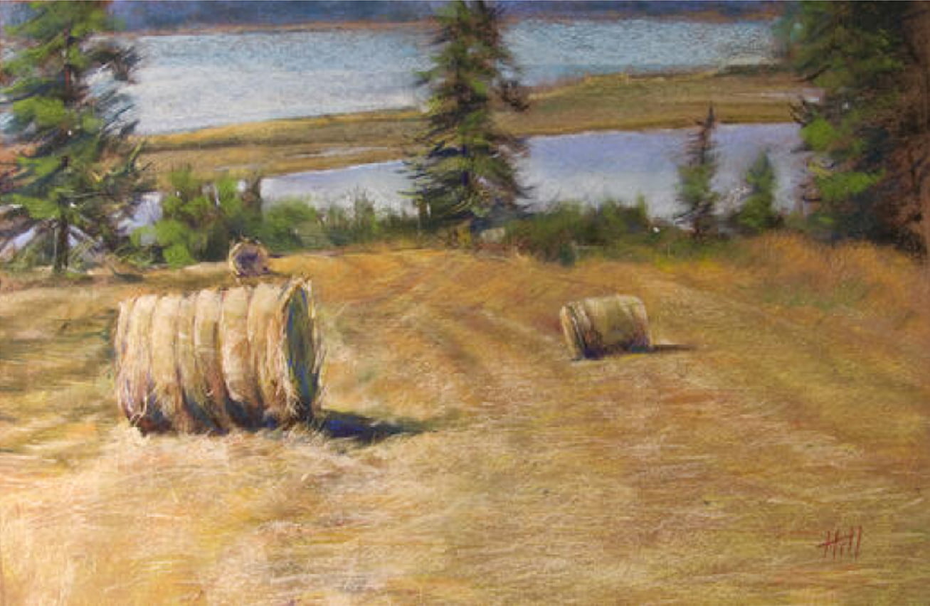 a painting of hay bales in a field.