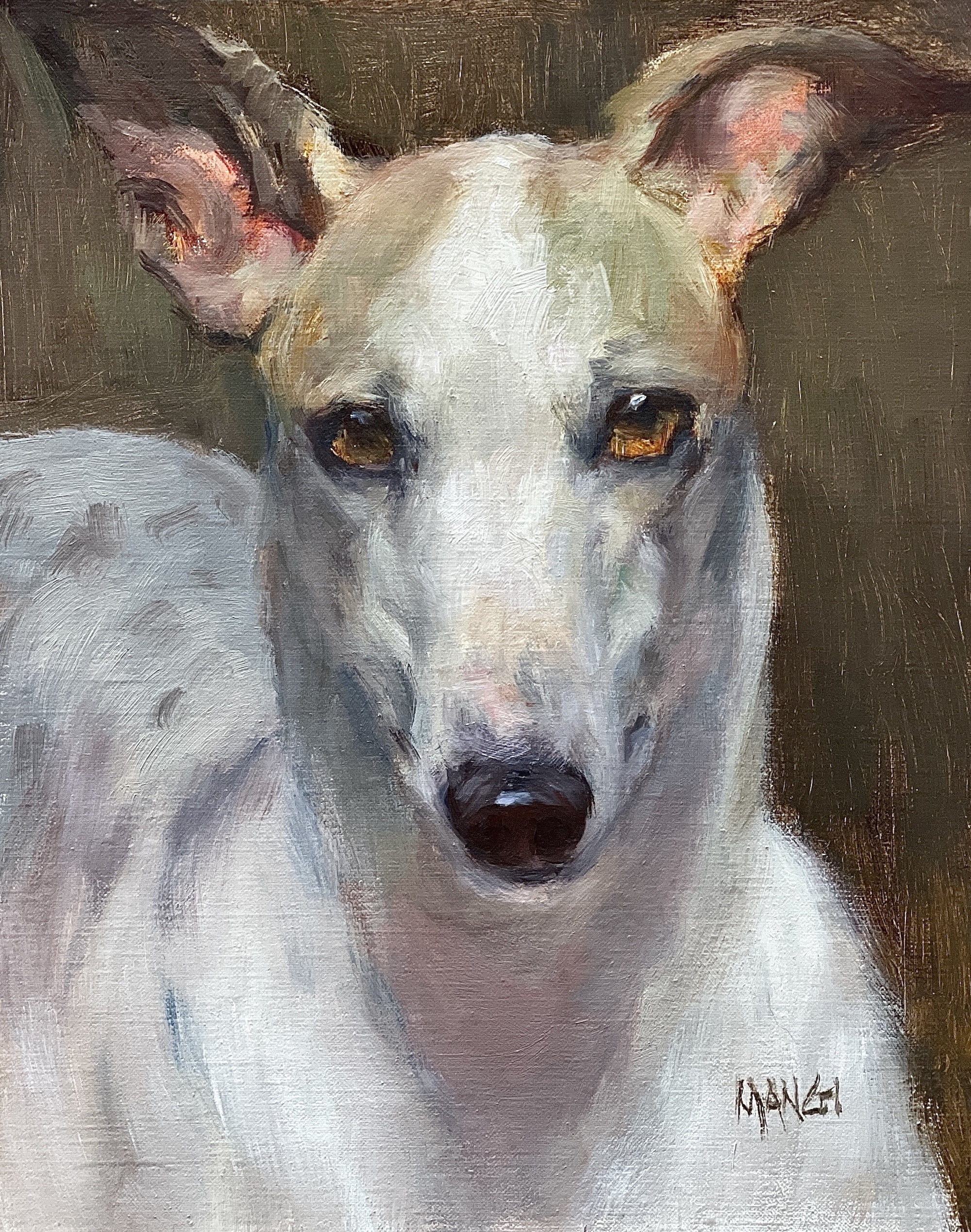 Marshmallow a painting of a white dog with brown eyes.