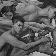 A grayscale painting depicts three shirtless individuals, each interacting with the heads of multiple horses in a dynamic and dramatic manner.