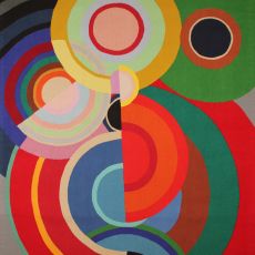 Sonia Delaunay (designer), Automne, 1938, woven by Manufacture Pinton ca. 1970–74, Wool tapestry, Jane Kahan Gallery, New York. © Pracusa A tapestry of color blocks and round shapes.