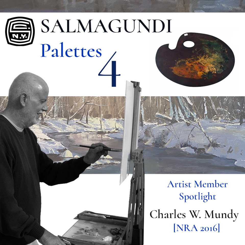 A graphic of painter Charles W Mundy with his painting of the snowy woods.